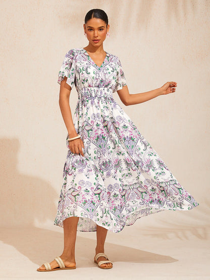 Mint Paisley Flora Flowy Chiffon Maxi Dress
