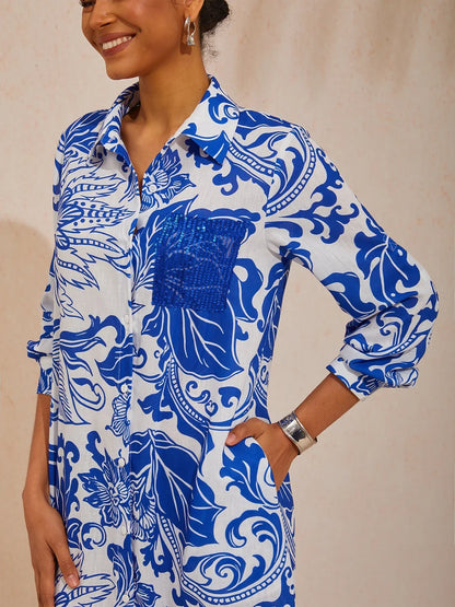 St Barth Blooms Airy Linen Look Blue Maxi Dress