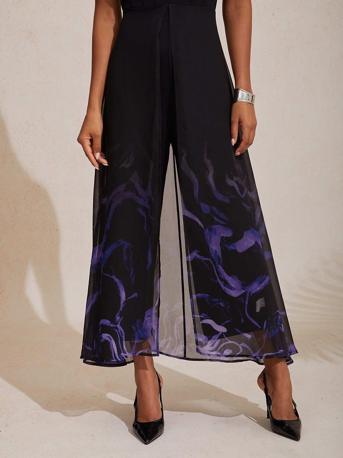 Paneled Design Faux Flowy Sheer Stretch Fabric Jumpsuit