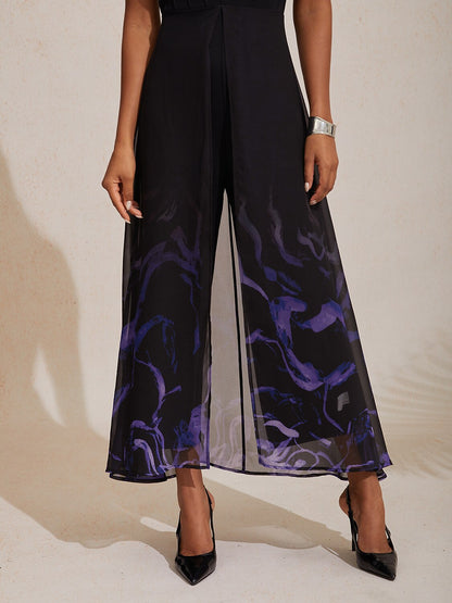 Paneled Design Faux Flowy Sheer Stretch Fabric Jumpsuit