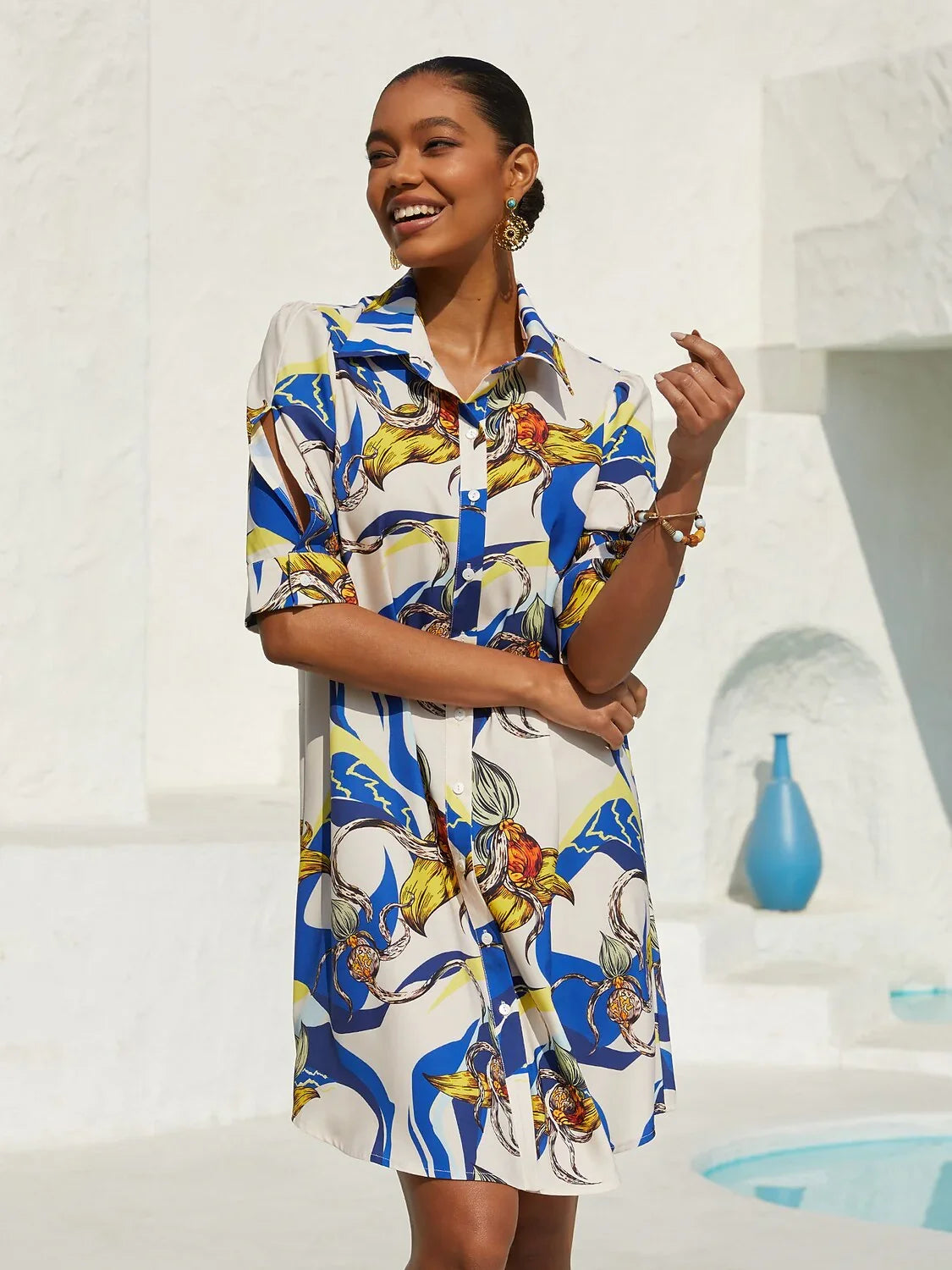 Mallorca Blossom Silky Satin Straight Shirt Dress