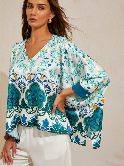 Jade Palace Garden Silky Satin Batwing Top