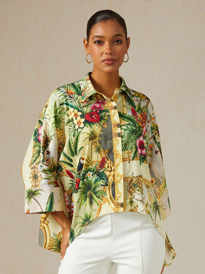 Verdant Garden Muse Silky Satin Oversized Shirt