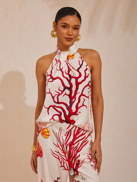 Coral Riviera Silky Satin Sleeveless Top