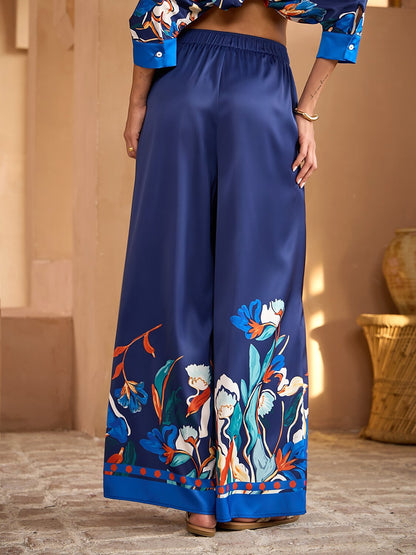 Blue Watercolor Iris  Satin Wide Leg Pants