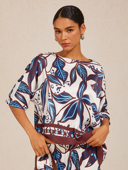 Abstract Azure  Satin Dolman Sleeve Top
