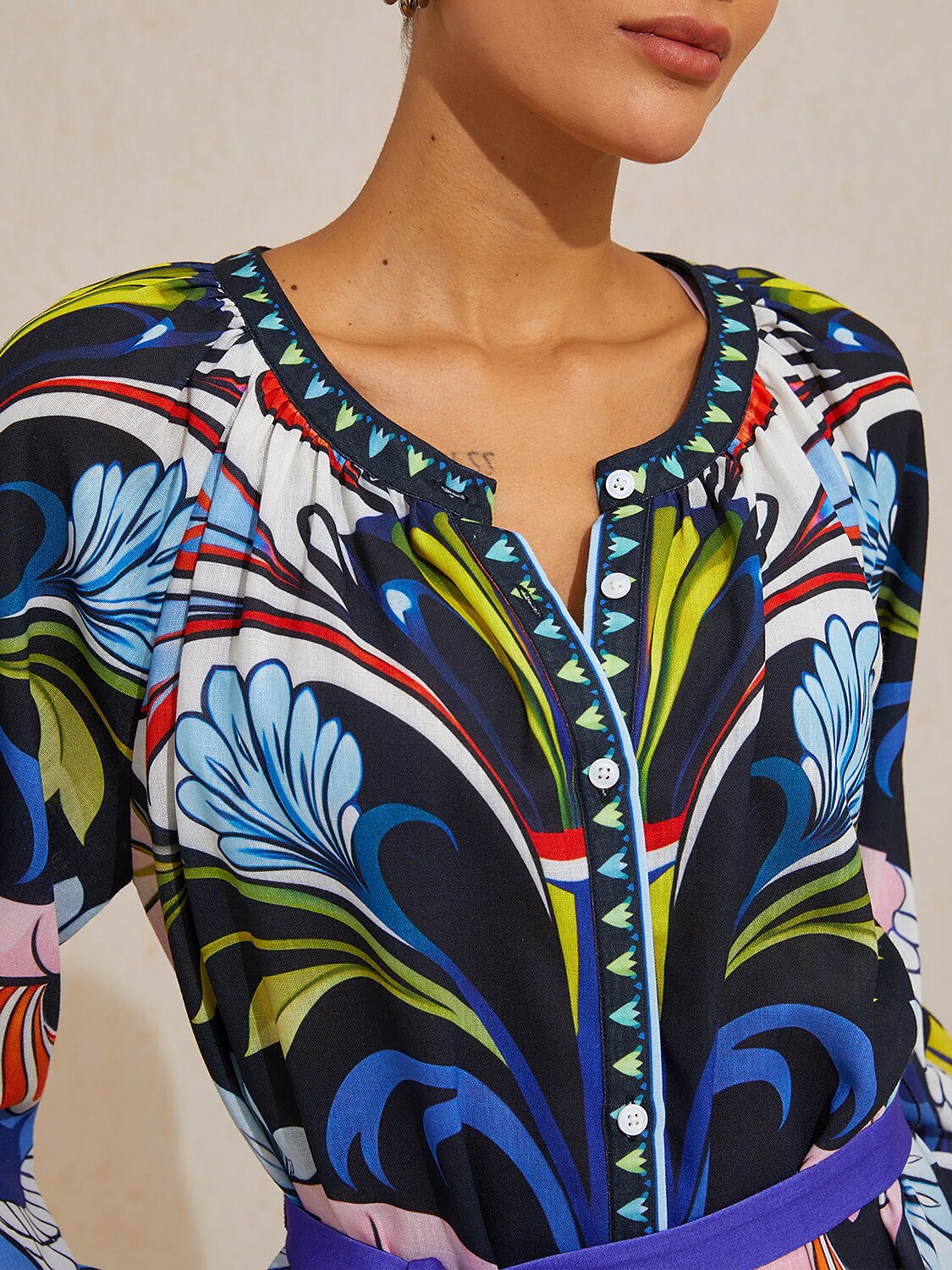 Bird Flower Linen Look Maxi Dress