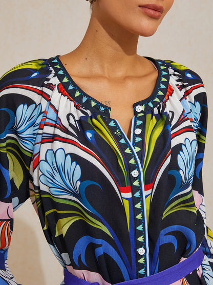 Bird Flower Linen Look Maxi Dress