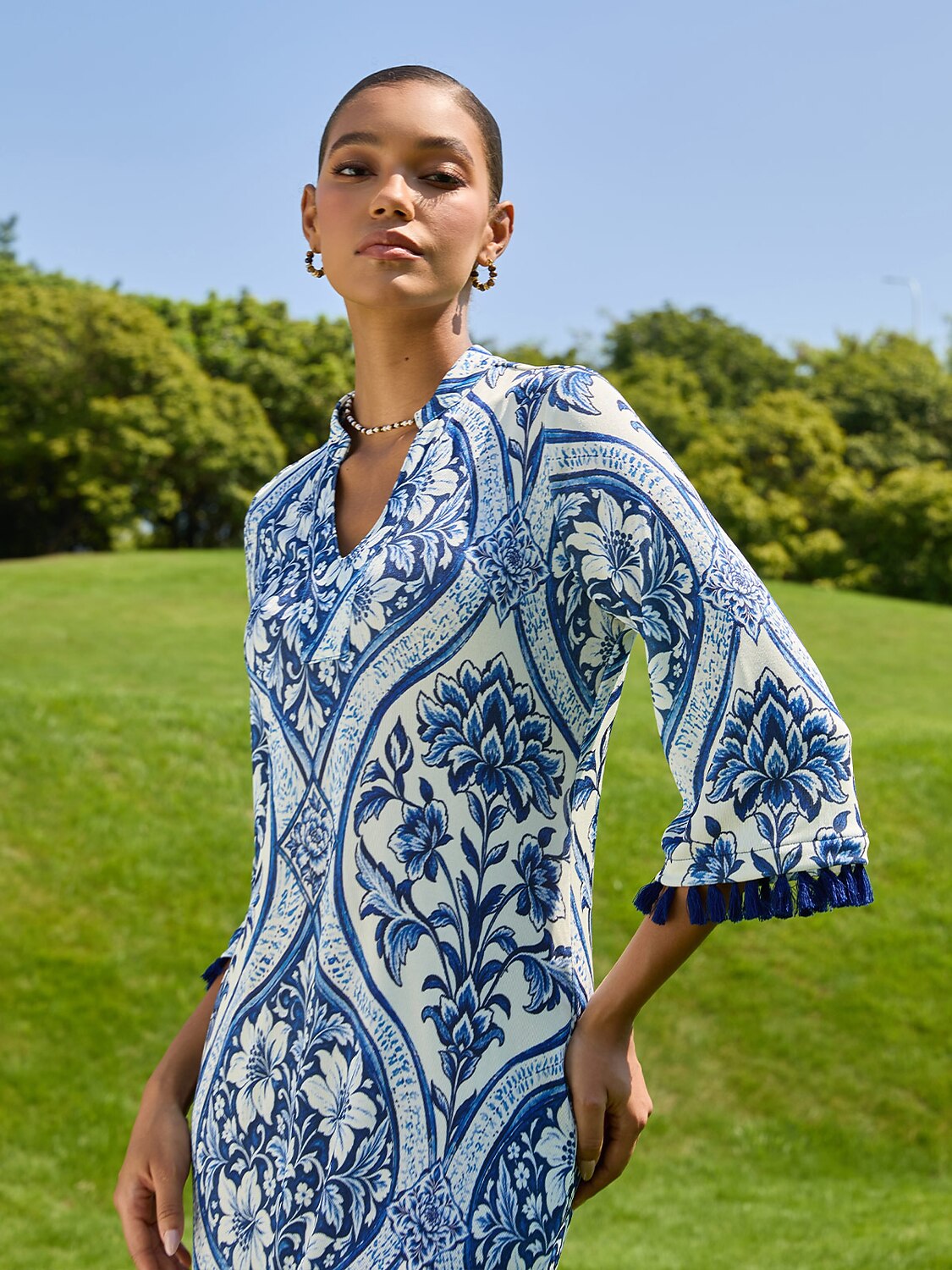 Azure Medallion Acetate Look Stretch Knit Maxi Dress