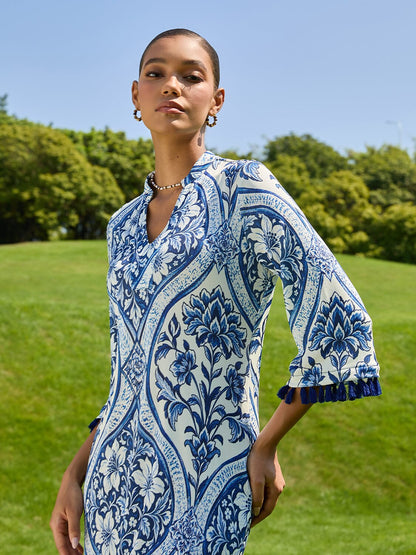 Azure Medallion Acetate Look Stretch Knit Maxi Dress