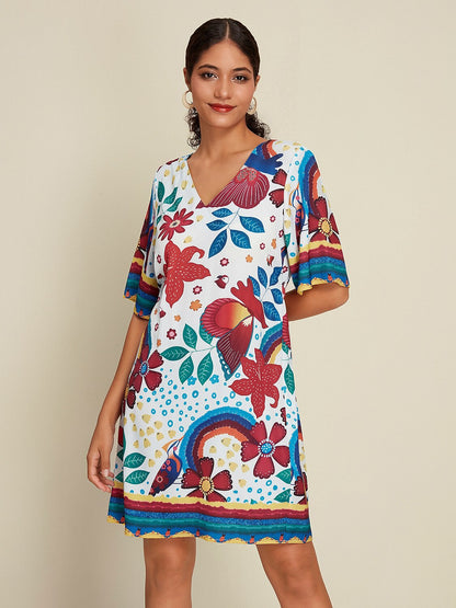 Satin-Minikleid mit Blumenmuster und halblangen Ärmeln und V-Ausschnitt