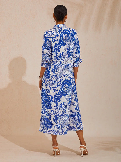 St Barth Blooms Airy Linen Look Blue Maxi Dress