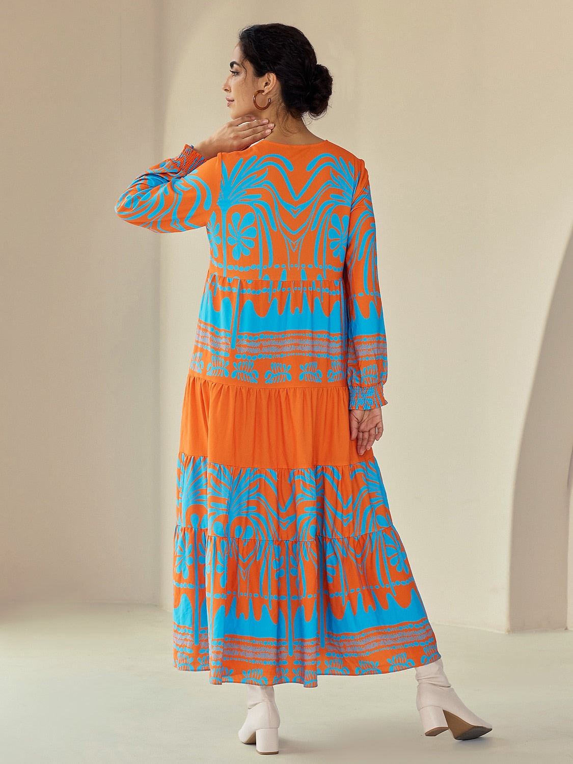 Plants Linear Button Up Crew Neck Ethnic Casual Maxi Dress