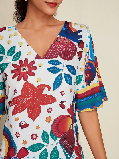 Satin Floral Print Half Sleeve V Neck Mini Dress