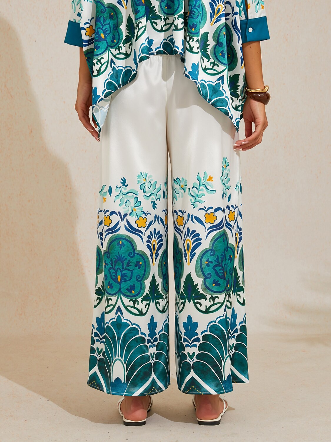 Jade Palace Garden Silky Satin Wide Leg Pants