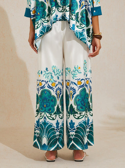 Jade Palace Garden Silky Satin Wide Leg Pants