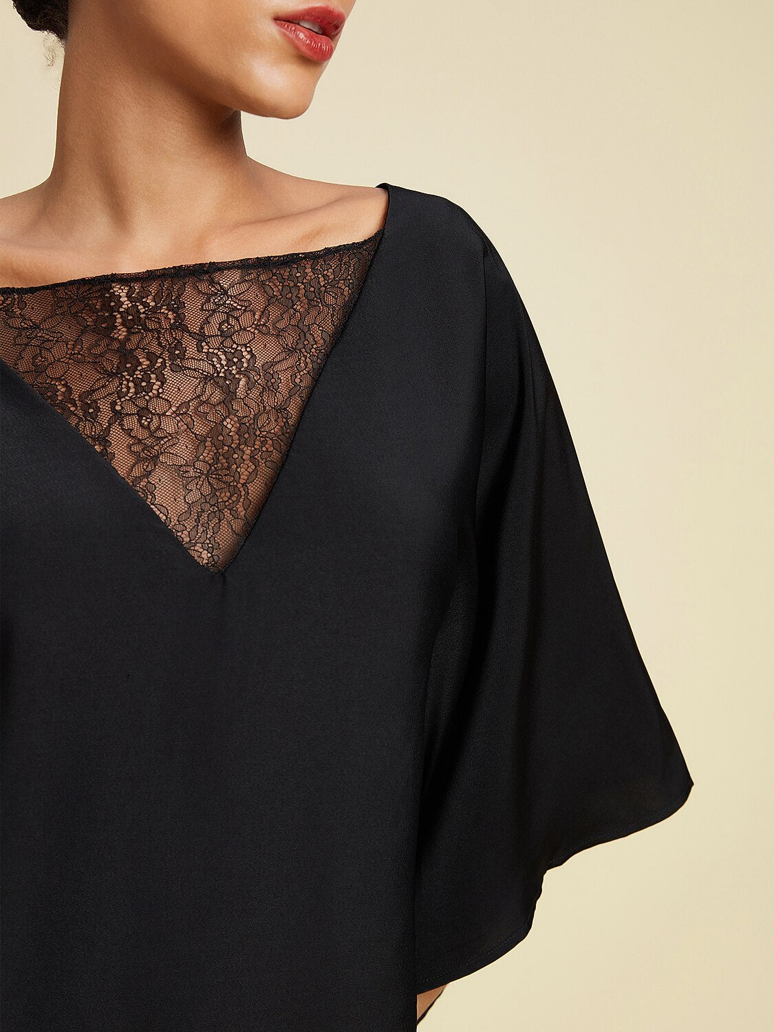 Solid Color Batwing Sleeve Lace Patchwork Satin Blouse