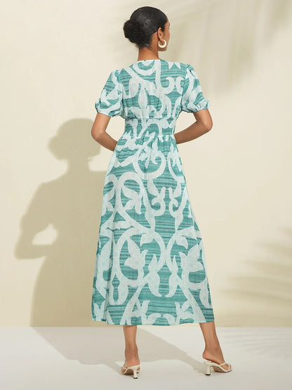 Abstrakt gemustertes Maxikleid mit Puffärmeln und V-Ausschnitt