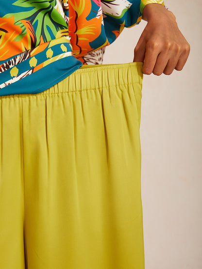 Silky Satin White Elastic Waist Wide Leg Pants
