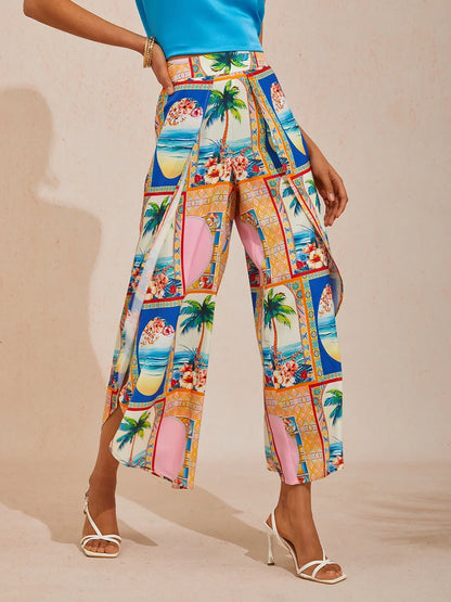 Summer Escape Curved Hem Cross-over Satin Wide leg Pants