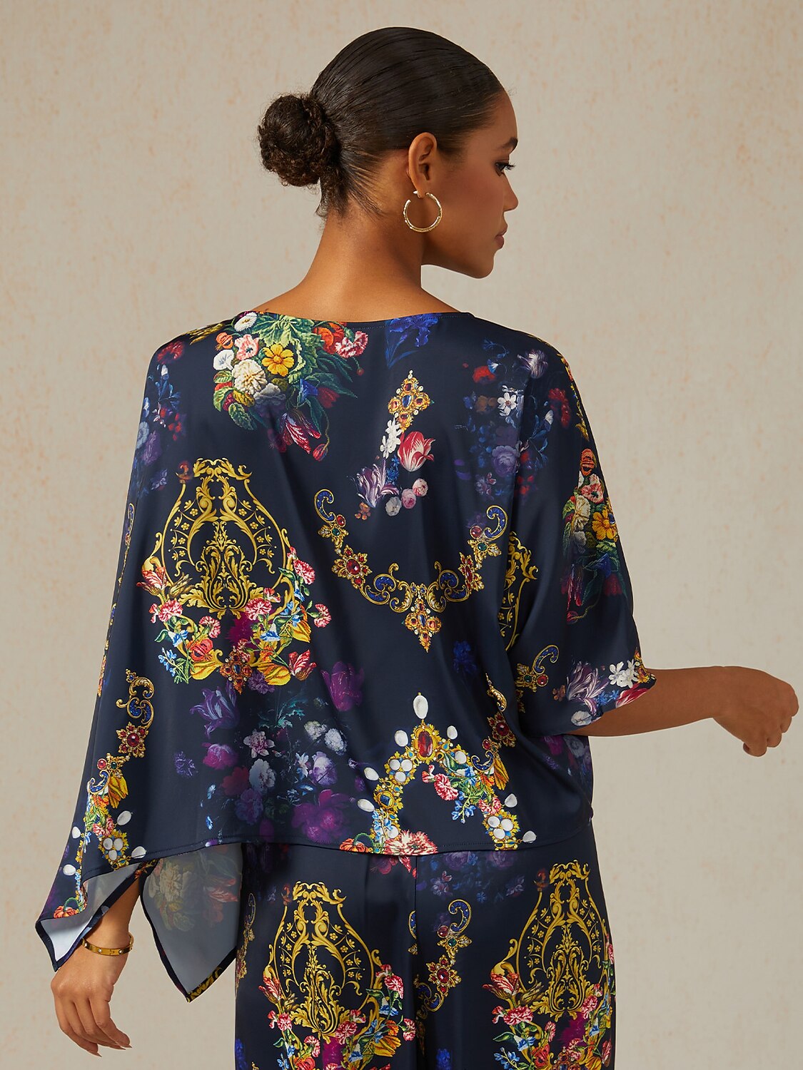 Midnight Jewel Bloom Silky Satin Dolman Sleeve Top