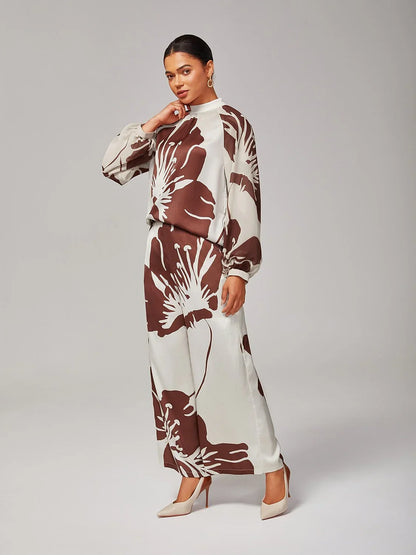 Abstract Floral Elastic Waist Wide-Leg Satin Pants