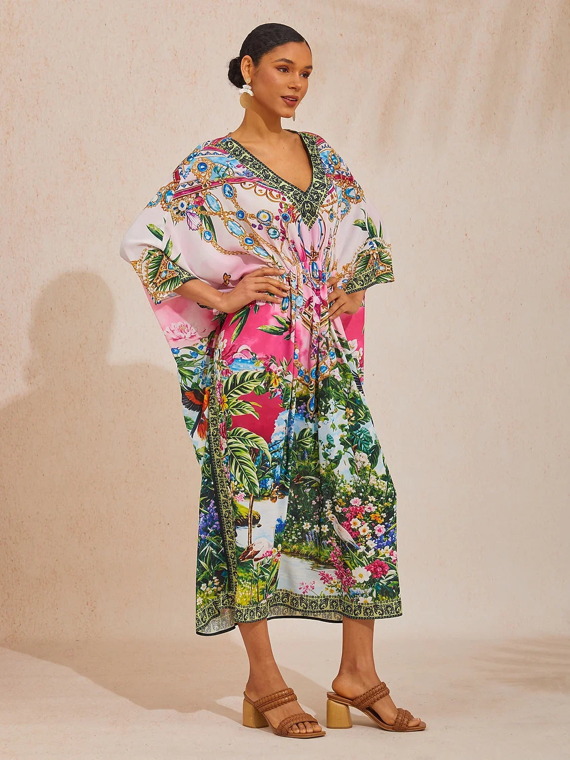 Pink Jungle Party Flowy Chiffon Diamond Kaftan