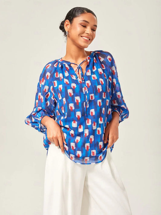 Geometric Chiffon Lantern Sleeve Top