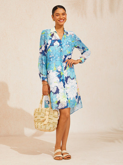 Azure Leaves Chiffon Shirt Dress