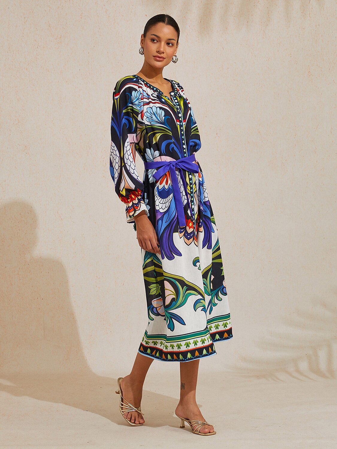 Bird Flower Linen Look Maxi Dress