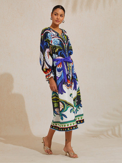 Bird Flower Linen Look Maxi Dress