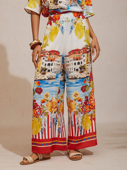 Santorini Summer Silky Elastic Waist Wide Leg Pants