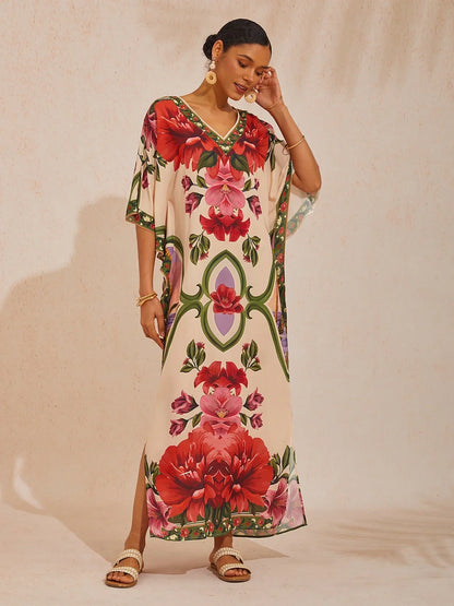 Hawaii Palm Flowy Chiffon Floral Maxi Dress