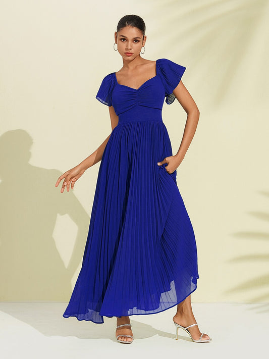 Royal Blue Chiffon Pleated Wedding Guest Party Dress