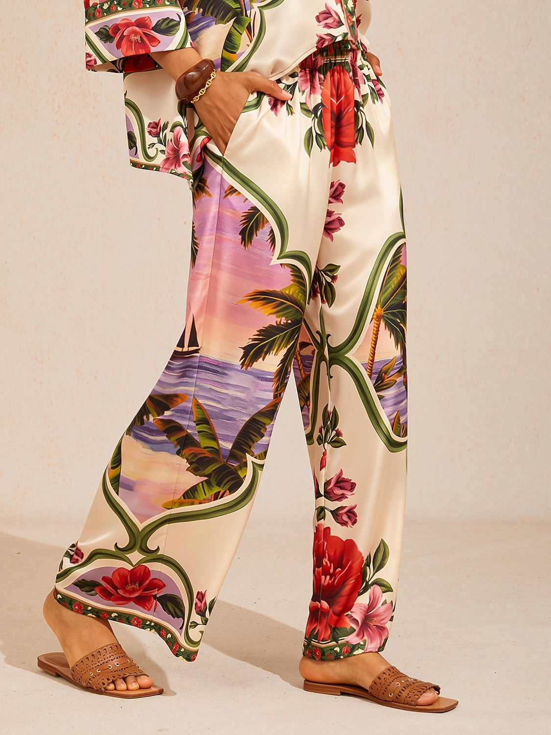 Hawaii Palm Silky Satin Wide Leg Pants