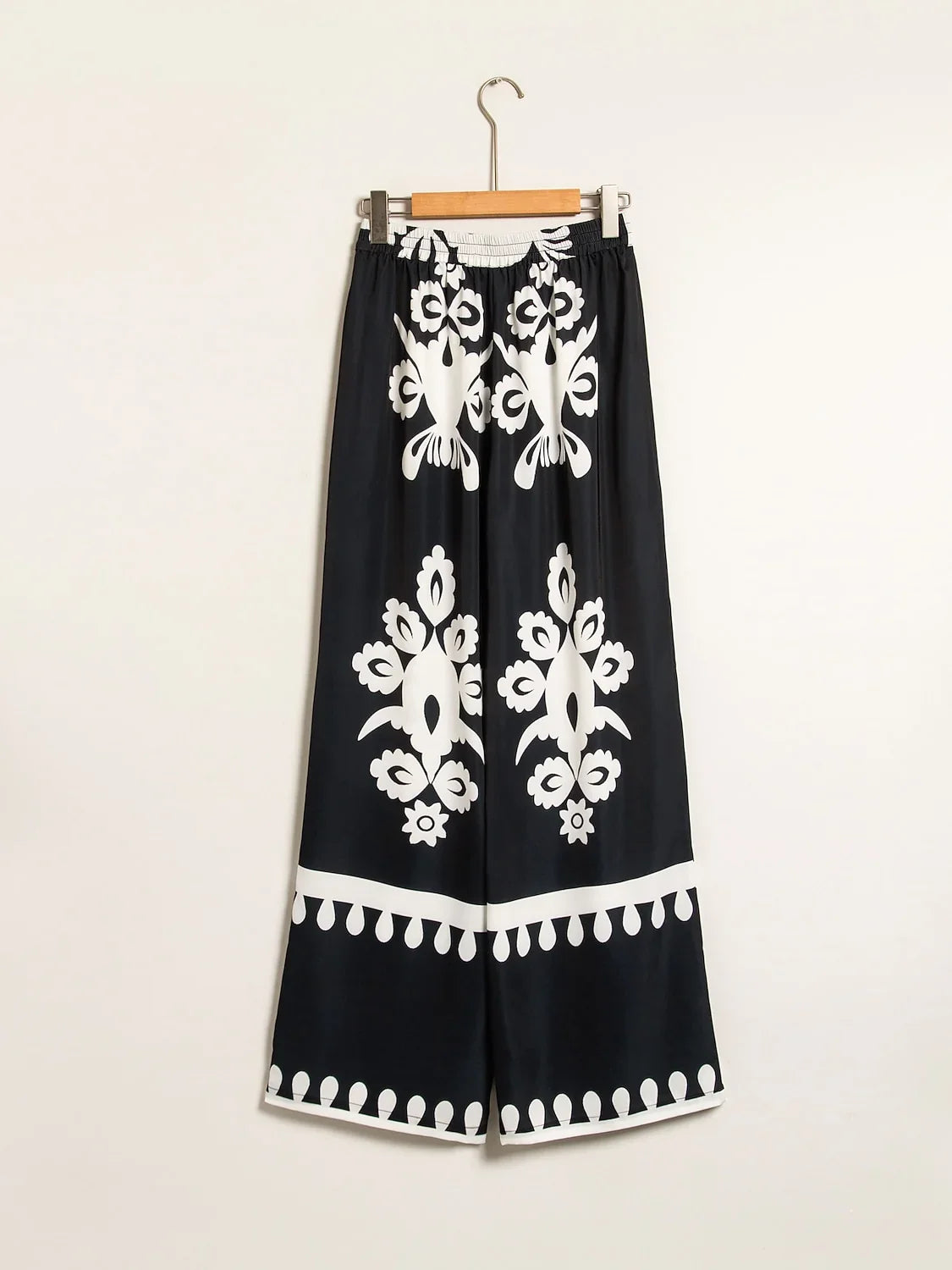 Black Ethnic Print Straight Leg Satin Pants