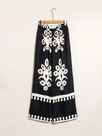 Black Ethnic Print Straight Leg Satin Pants