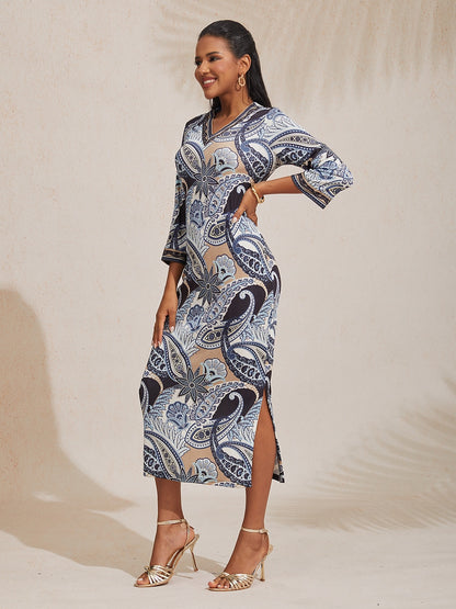 Abstract Paisley Print Knit Stretch Fitted Maxi Dress