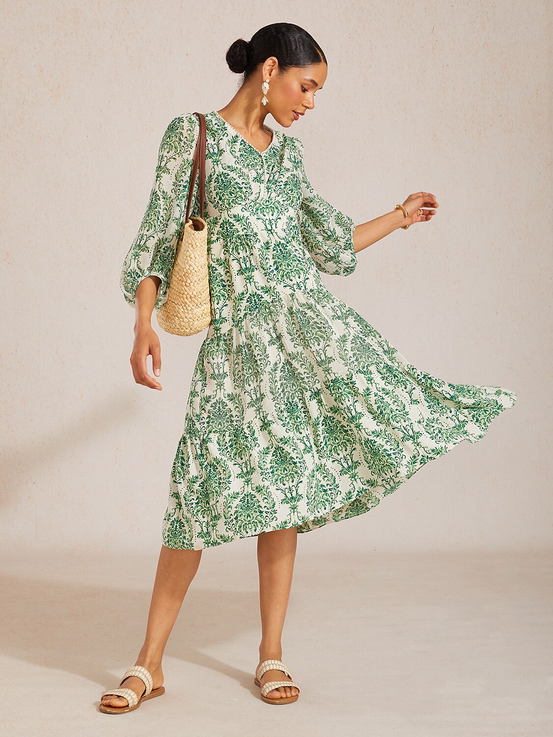 Verdant Baroque Bloom Flowy Chiffon Maxi Dress