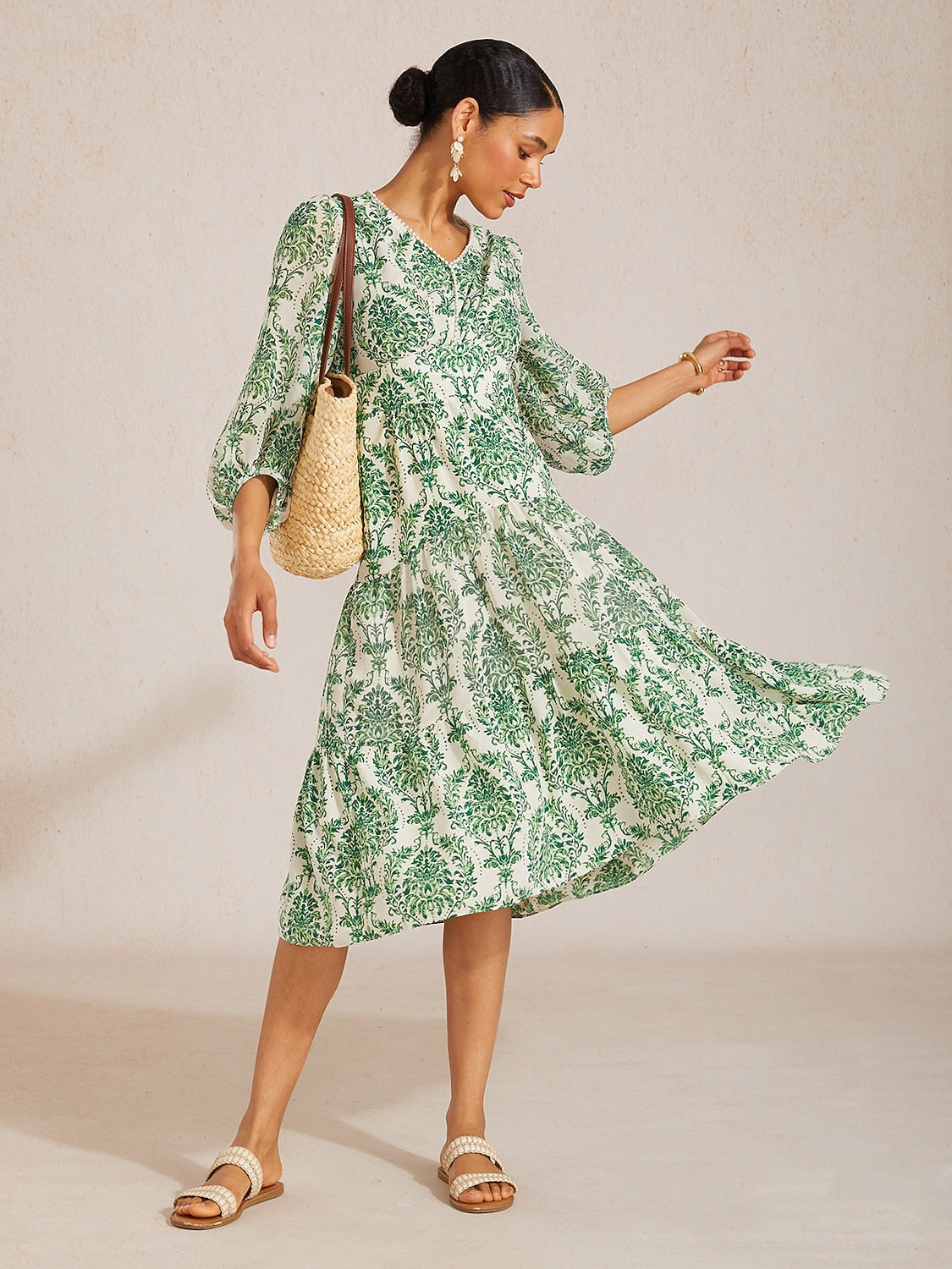 Verdant Baroque Bloom Flowy Chiffon Midi Dress