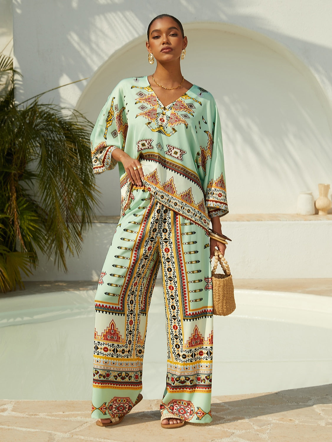Ethnic Totem Silky Satin Wide-Leg Pants