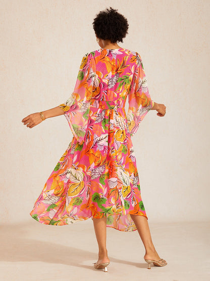 Robe maxi en chiffon à imprimé floral et manches évasées