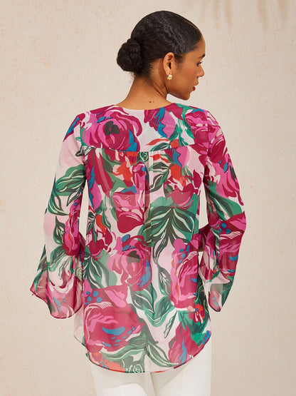 Fiery Pink Rose Flowy Chiffon Blouse