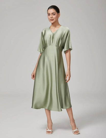 Elegant Pleat V-Neck Dolman Sleeves Satin Dress