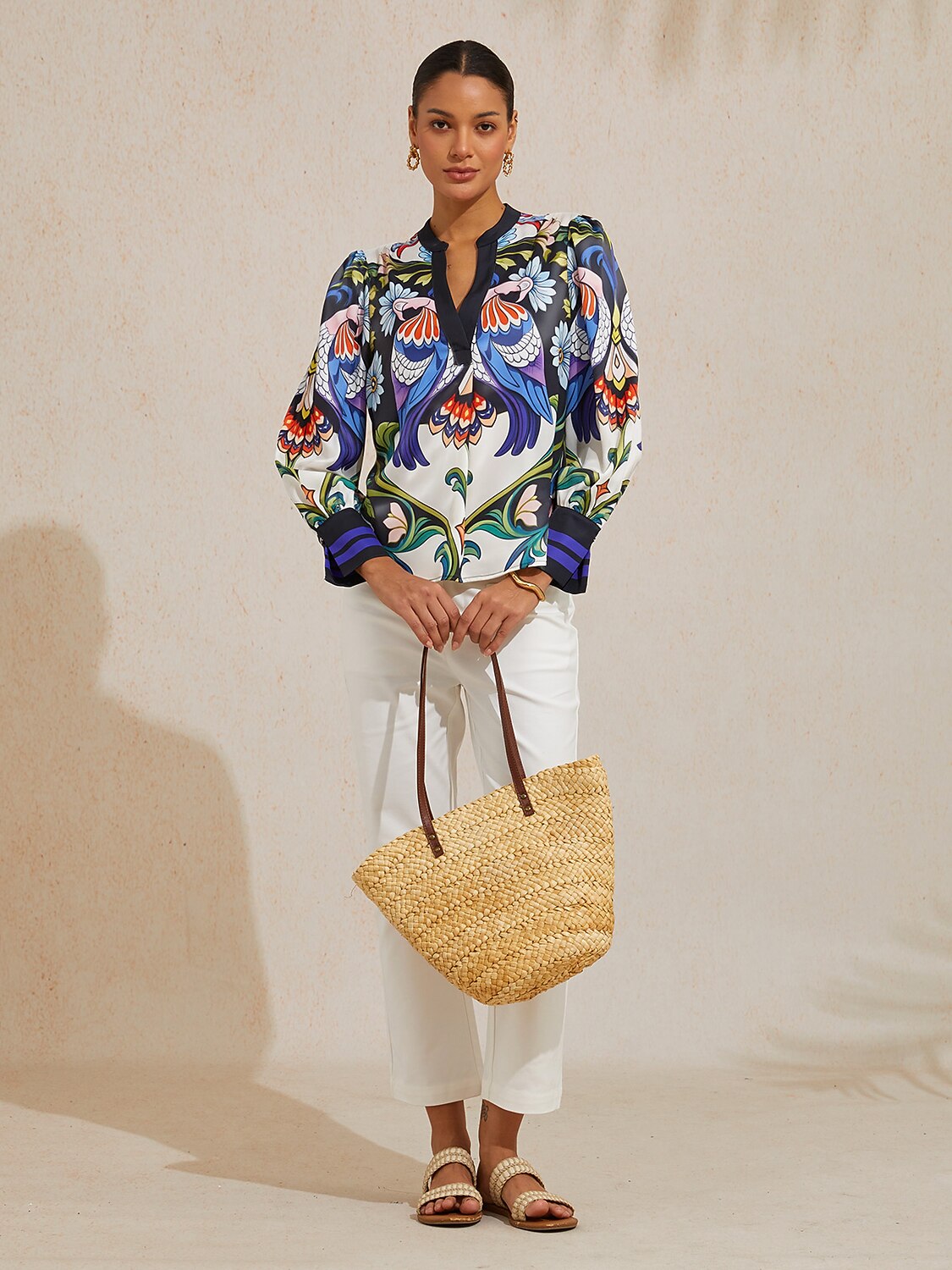 Bird Flower Silky Satin Blouse