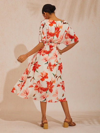 Spring Blooms Flowy Chiffon Waist-cinching Maxi Dress
