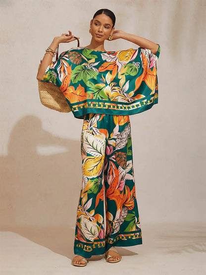 Wild Hibiscus Dream Silky Satin Wide Leg Pants