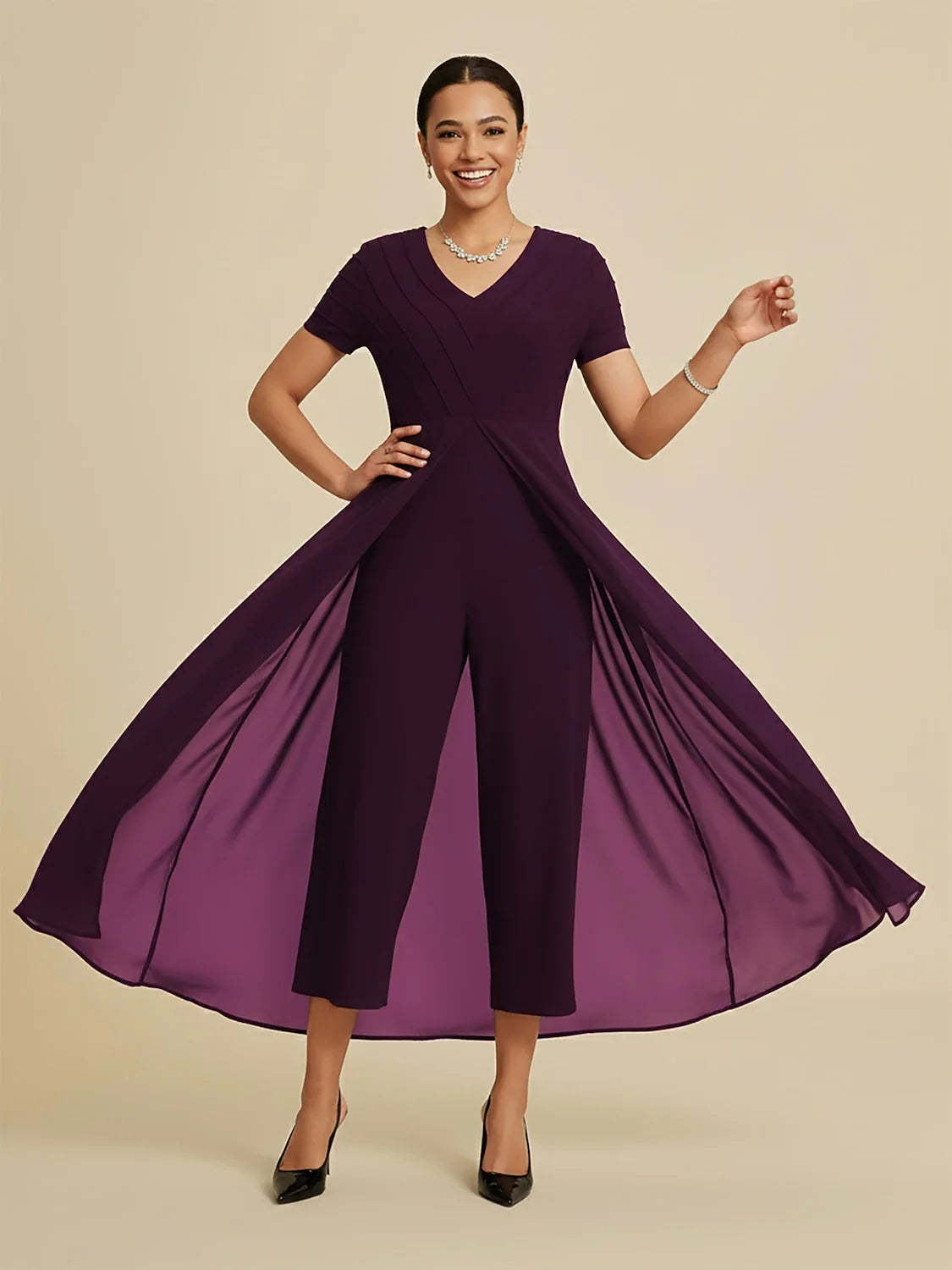 Paneled Design Faux Flowy Sheer Stretch Fabric Jumpsuit