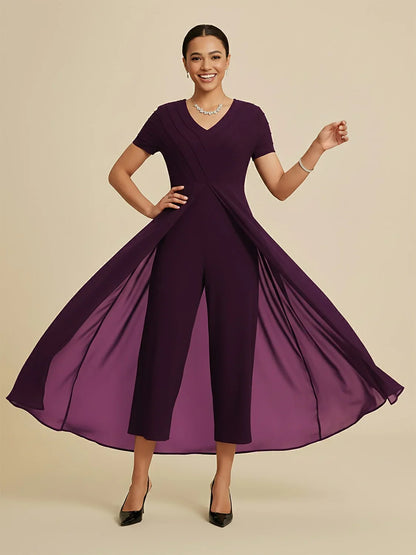 Paneled Design Faux Flowy Sheer Stretch Fabric Jumpsuit