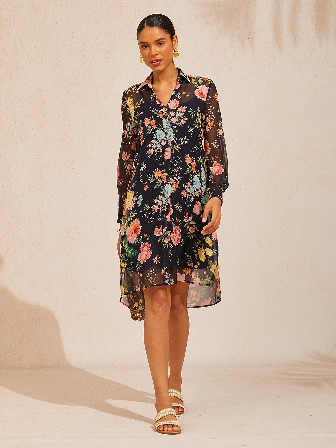 Moonlight Blossom Chiffon Shirt Dress